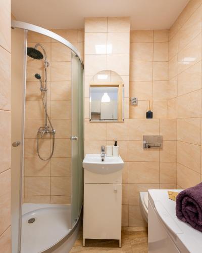 a bathroom with a shower and a sink and a toilet at Śliska 10 Prywatne mieszkanie 300m od Dworca Centralnego oraz metra ONZ Samodzielne Zameldowanie! Self Check-in System! in Warsaw