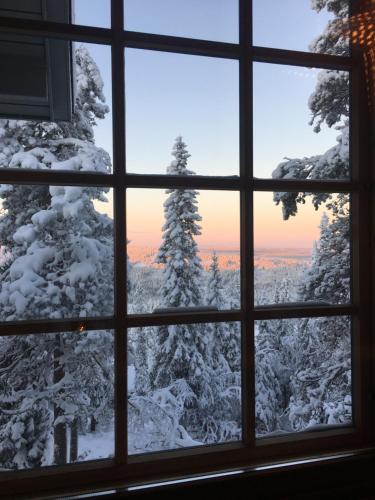 a window with a view of a snow covered forest at Kotamäki B in Syöte