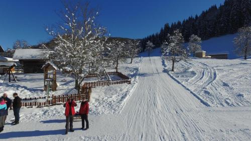 a group of people standing on a snow covered slope at Landhotel Gressenbauer in Hinterstoder