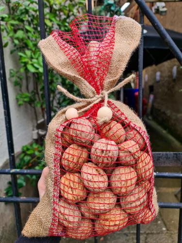 a person holding up a bag of fruit at Agriturismo le Fontane - Lago di Bolsena in Grotte di Castro