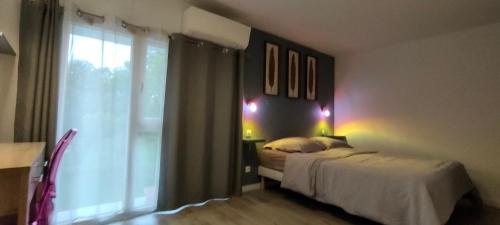 1 dormitorio con cama y ventana con luces en Domaine Ravy-Orchidée, en Saint-Symphorien-sur-Saône