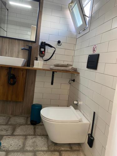 a bathroom with a toilet and a sink at Sunside Inn Hotel in Kérynia