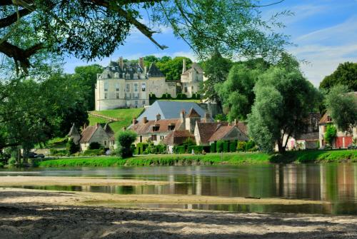 ein Dorf mit einem Schloss und einem Fluss in der Unterkunft Maison de village en bord de rivière in Narcy
