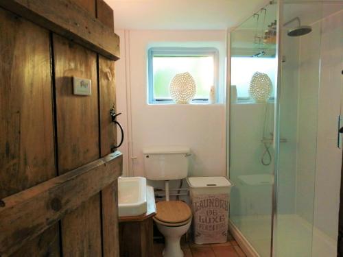 uma casa de banho com um WC e uma cabina de duche em vidro. em Wassicks Cottage, Haughley em Haughley