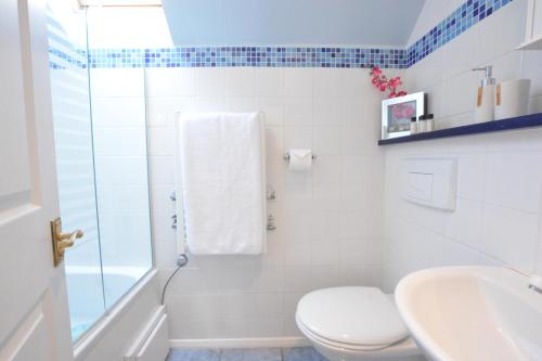 a bathroom with a toilet and a sink and a shower at Seafarers in Fressingfield