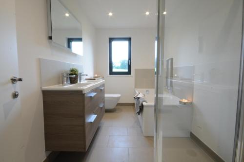 uma casa de banho com um WC, um lavatório e um chuveiro em Rush House, Eastbridge em Westleton