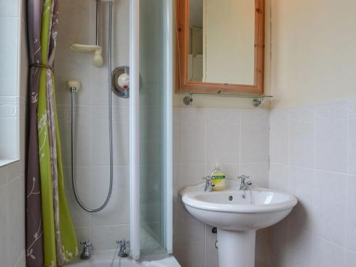 a bathroom with a sink and a shower at Old Saddlers Cottage in Ireby
