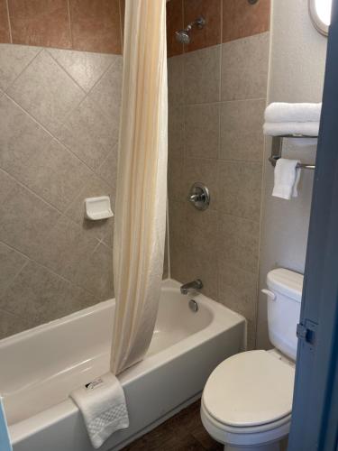 a bathroom with a toilet and a tub and a shower at KINGS INN- Medical Downtown Midtown Memphis in Memphis