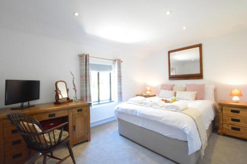 ein Schlafzimmer mit einem Bett, einem TV und einem Stuhl in der Unterkunft Pine Cottage in Woodbridge