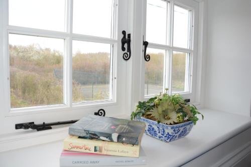 a table with books and a plant and windows at Woodland Cottage, Great Glemham in Framlingham