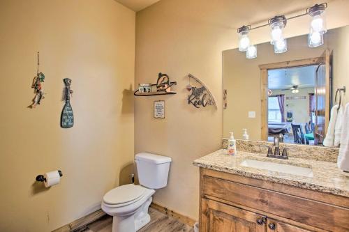 a bathroom with a toilet and a sink and a mirror at Kingston Home with Pickleball Steps to Lake Texoma! in Kingston