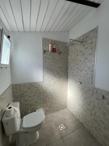 a bathroom with a toilet and a shower at El Gallinero in Almoharín