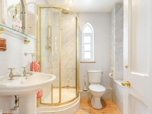 a bathroom with a shower and a sink and a toilet at Nightingale House in Ottery Saint Mary