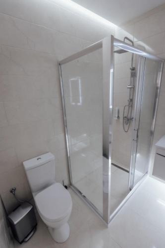 a white bathroom with a shower and a toilet at La Casa 2 in Vršac