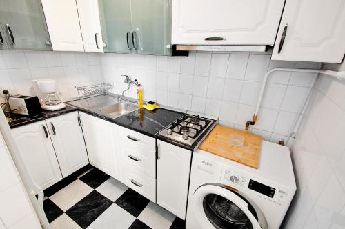 a small kitchen with a sink and a washing machine at SUNSET RIVER STUDIO in Galaţi