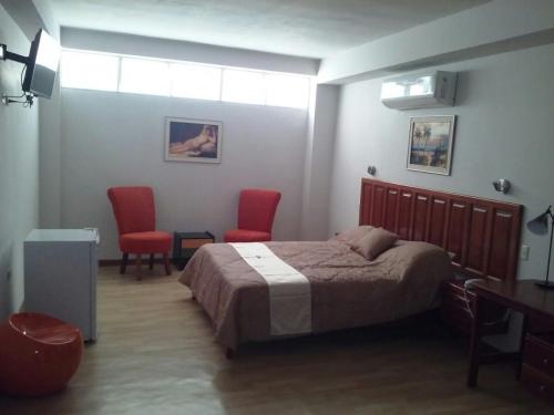 1 dormitorio con 1 cama, 2 sillas y escritorio en SAFARI HOTEL IQUITOS, en Iquitos