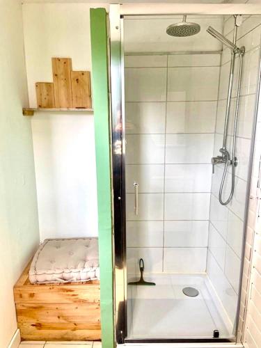 une douche avec une porte vitrée dans une salle de bain dans l'établissement Maisonnette Bassin d'Arcachon, à La Teste-de-Buch