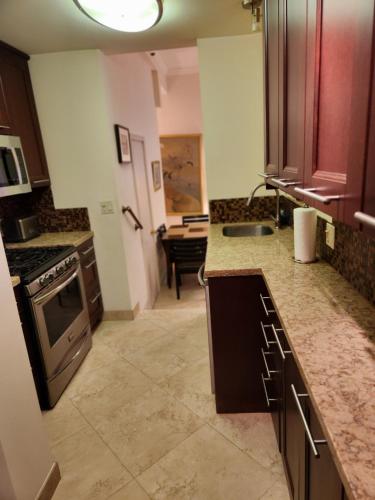 a kitchen with a sink and a stove top oven at Mantell Plaza Apartments in Miami Beach