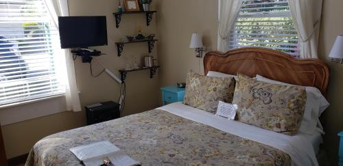 a bedroom with a bed and a tv and windows at Elk Cove Inn & Spa in Elk