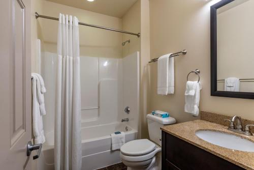 y baño con aseo, lavabo y ducha. en Stay-Over Suites - Fort Gregg-Adams Area en Hopewell