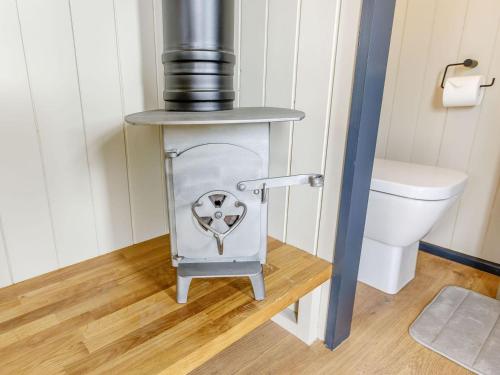 una stufa a legna in un bagno con servizi igienici di Daisys Rest a Shipton under Wychwood