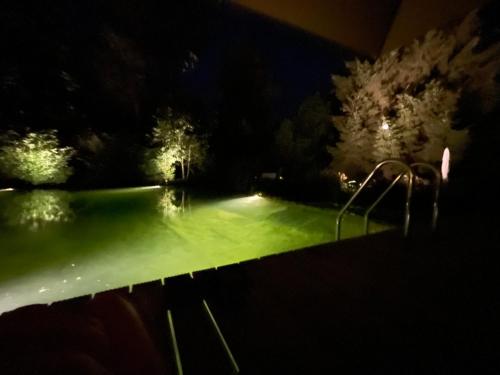 ein Schwimmbad in der Nacht mit grüner Beleuchtung in der Unterkunft Ferienwohnung Landhaus Hohenstein, Schwimmteich, ruhige Lage in Hessisch Oldendorf