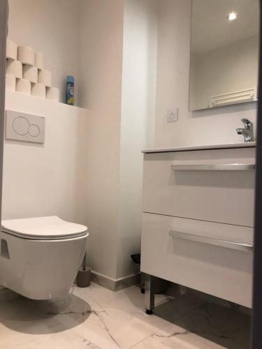 a white bathroom with a toilet and a sink at L Ancien Canut Cosy in Lyon