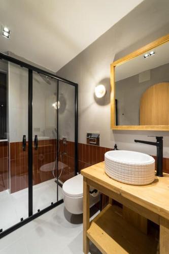 a bathroom with a toilet and a shower and a sink at Narev Kırkpınar Sapanca in Sapanca