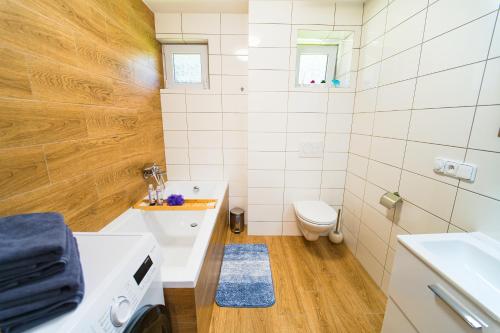 a small bathroom with a toilet and a sink at Chata Markétka in Dobré