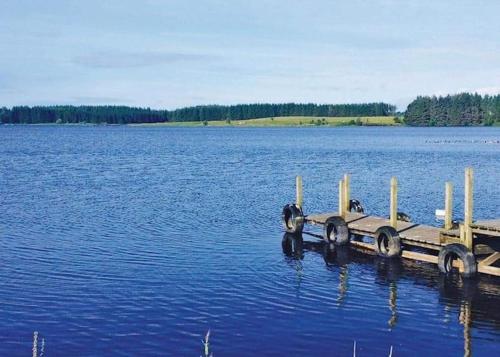 a dock in the middle of a large body of water at The Hidden Gem in Galloway Forrest in Balminnoch