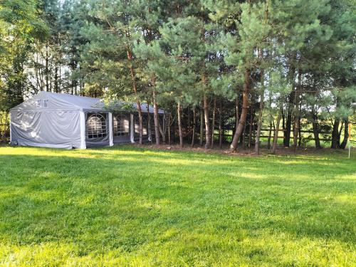 a tent in the middle of a grass field at Agroturystyka całoroczna Ranczo Husinka in Husinka