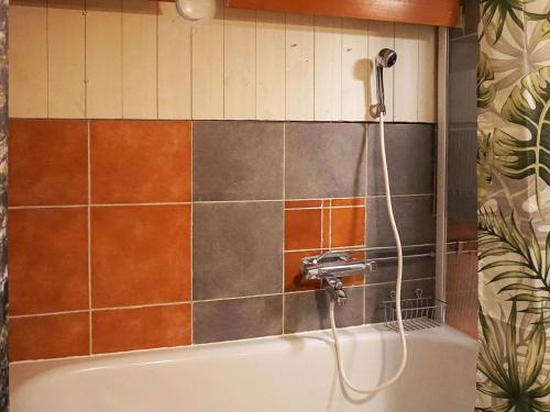 Holiday home SVANESUND IV في Svanesund: دش في حمام مع حوض استحمام