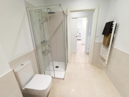 een badkamer met een toilet en een glazen douche bij A Casa da Compañía in Monforte de Lemos