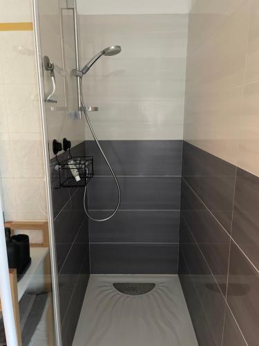 a shower with a shower head in a bathroom at Le Courtil in Cerisy-la-Forêt