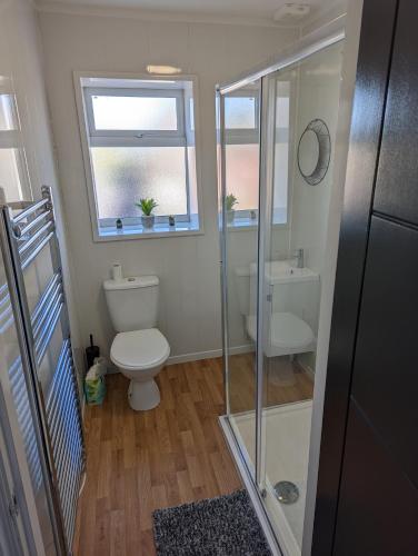 a bathroom with a toilet and a glass shower at Windsor Stays 2 in Liverpool