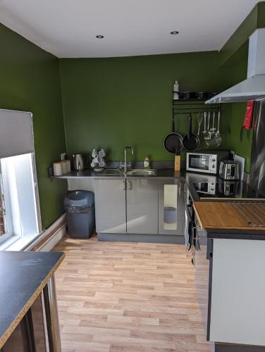 una cucina con pareti verdi ed elettrodomestici in acciaio inossidabile di Windsor Stays 2 a Liverpool