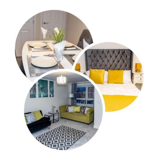 a room with a bed and a living room at Cozy 3 bed Sasha house in Beeston Nottingham in Nottingham