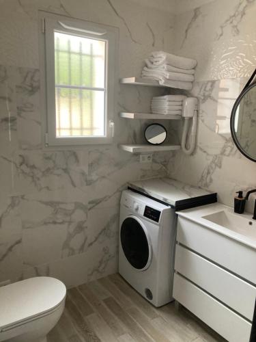 une salle de bain avec une machine à laver et un lavabo dans l'établissement Le Mas des Oliviers appartement 2 pieces tous conforts, à Draguignan