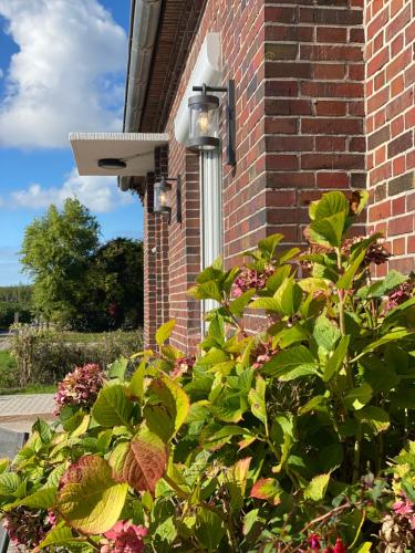 a plant in front of a brick building with a surveillance camera at FRIESENHÜTTE NORDDEICH in Norddeich
