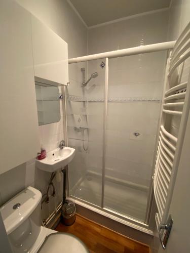 un baño con ducha, inodoro y lavabo en Suzette, en Le Touquet-Paris-Plage