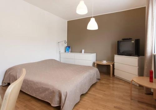 1 dormitorio con 1 cama, TV y mesa en Apartment Rainbow Studio, en Liubliana