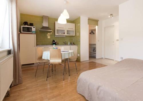 a kitchen with a table and chairs in a room at Apartment Rainbow Studio in Ljubljana