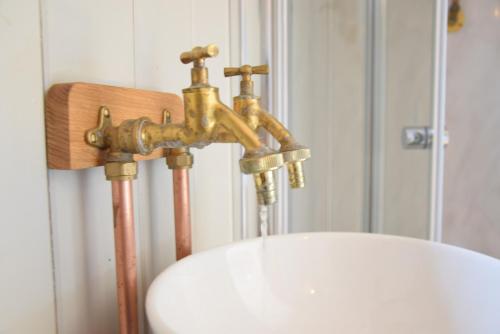 a brass water faucet on top of a toilet at Shepherds Pightle, Hollesley in Hollesley