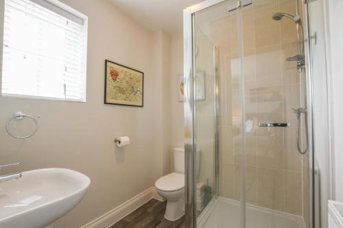 a bathroom with a shower and a toilet and a sink at Number 51, Halesworth in Halesworth