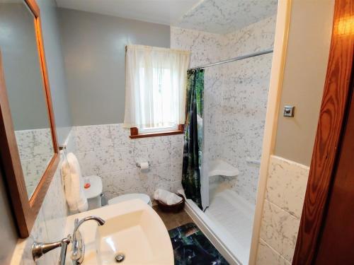 a bathroom with a sink and a shower at B And A Lake Cottage in Luray