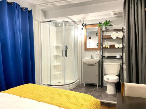 een badkamer met een douche, een toilet en een wastafel bij Grand Central Hotel Richmond in Richmond