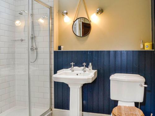 een badkamer met een wastafel, een toilet en een douche bij Rose Cottage in Blairgowrie