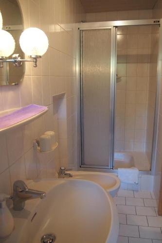 a bathroom with a sink and a shower and a toilet at Haus Bergwelt in Grän