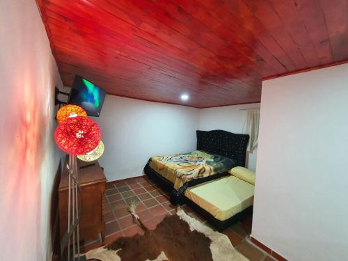 a bedroom with a bed and a red ceiling at Cabañas Casa Campo Guatavita in Guatavita