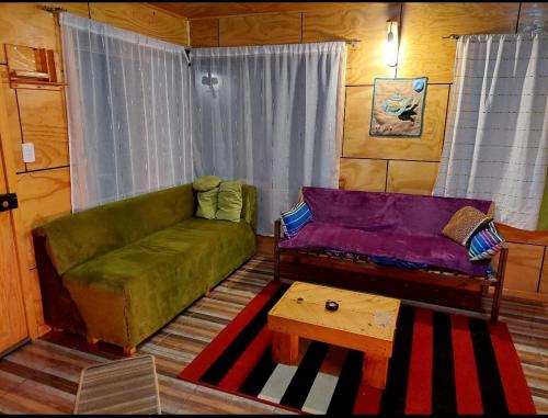 een woonkamer met een groene bank en een tafel bij Cabaña dalcahue in Dalcahue